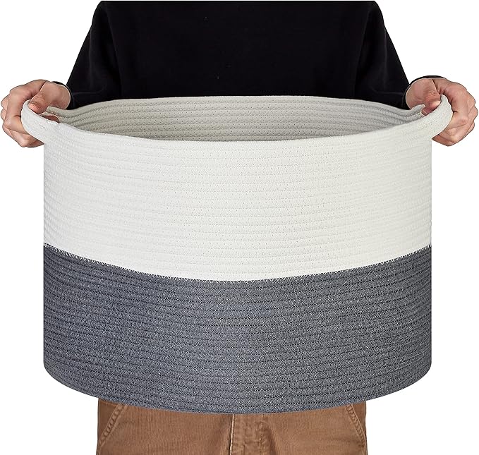 Ravinte Blanket Basket - 20"x 20"x 13" Cotton Rope Basket for Living Room, Baby Toy Storage Basket, Large Woven Laundry Basket (White-DarkGray)