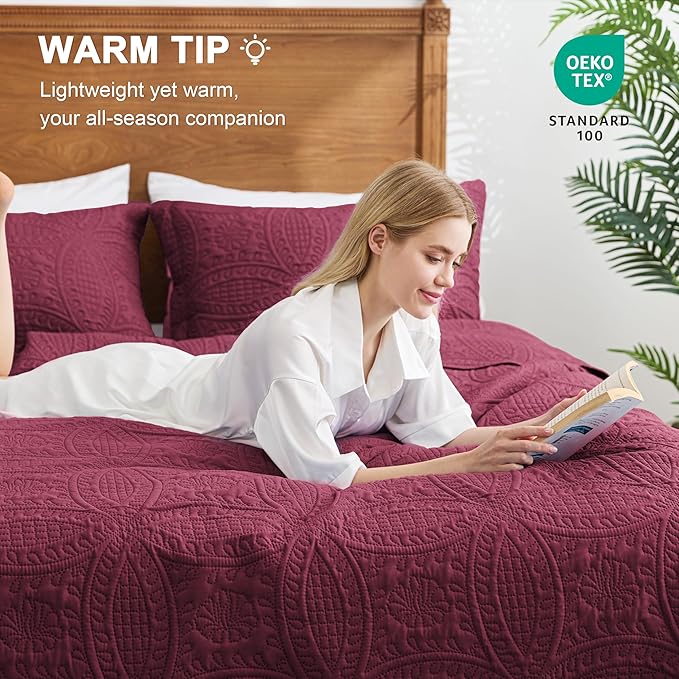 Love's cabin California King Size Quilt Bedding Set Burgundy Bedspreads - Cal King Lightweight Bedspread Comforter - Coin Pattern Coverlet for All Season - 3 Pieces (1 Quilt, 2 Pillow Shams)