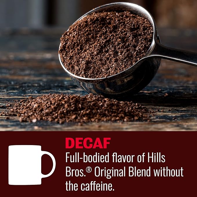 Hills Bros. Decaffeinated Ground Coffee – Premium Arabica Coffee Beans – Medium Roast, Rich Flavor Cup After Cup – Recyclable Steel Can for Freshness – Certified Kosher – 23 OZ Can
