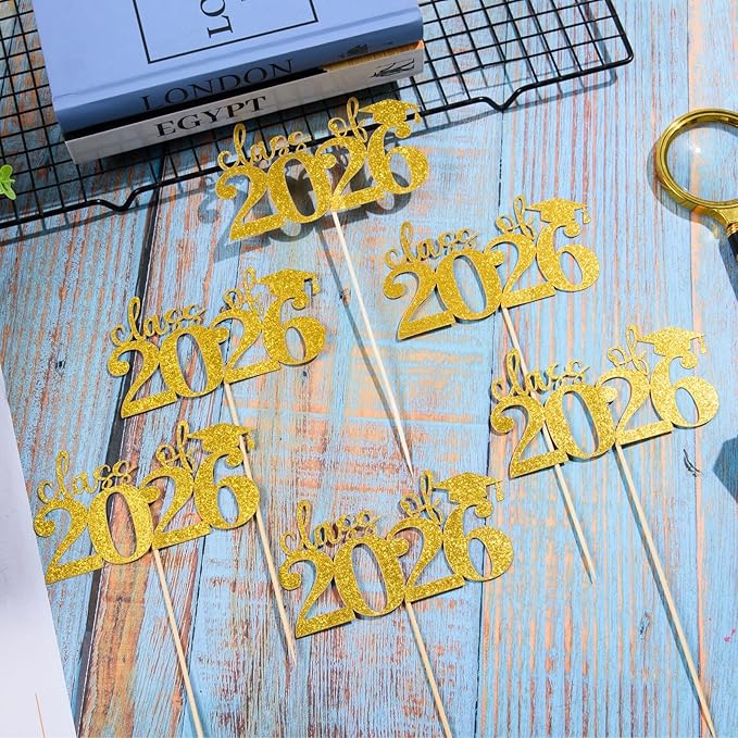 MixTeach 12 Pack Glitter Class of 2026 Graduation Centerpieces Sticks for Tables Double-Sided Congrats Grad Class of 2026 Cap Table Topper for Graduation Table Party Decoration Supplies (Gold)