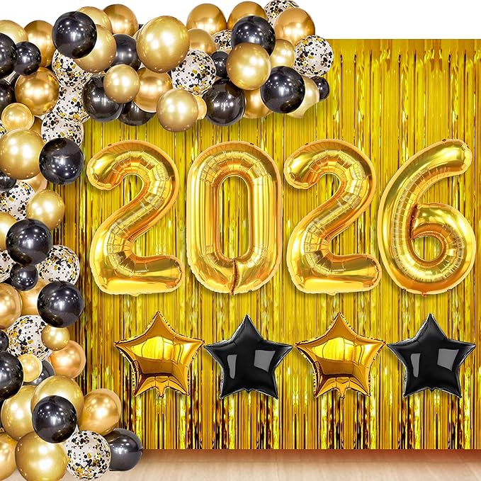 KatchOn, New Years Eve Party Supplies 2026 - Huge Set, Pack of 86 | Happy New Year Decorations 2026, NYE Decorations 2026 | Gold Fringe Curtain Backdrop with Black and Gold 2026 Balloon Arch Kit