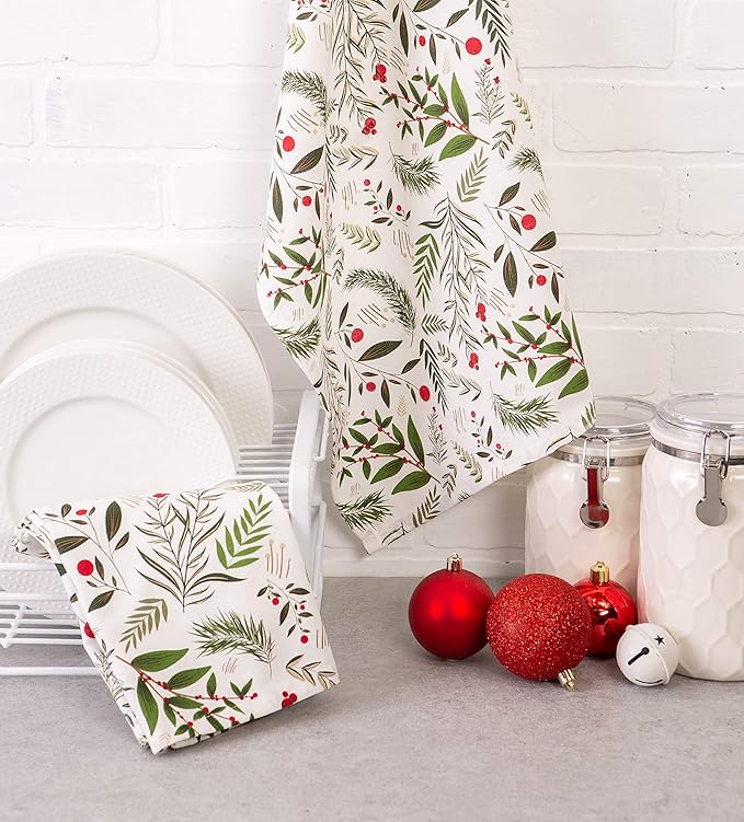 DII Christmas Kitchen Towel Set, Floral Tea Towels for Baking, Cleaning, Entertainment & Cooking, 18x28, Holiday Sprigs, 2 Piece