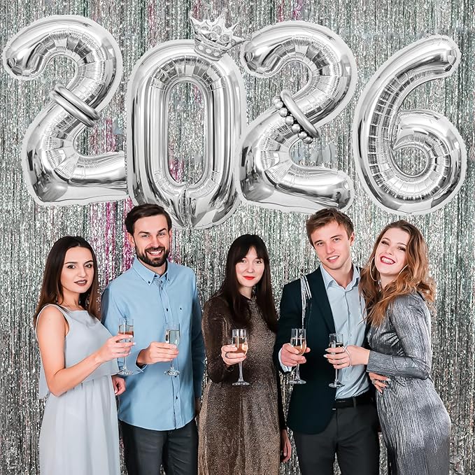 2026 Balloons Silver,40 Inch 2026 Number Balloons with Foil Crown Balloons for Happy New Year Decorations New Years Eve 2026 Graduation Decorations Class of 2026 Party Supplies