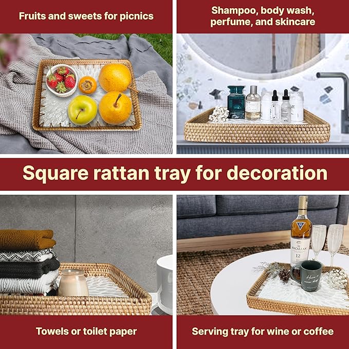 Rattan Rectangle Tray with Mother of Pearl Inlay, Unique Decorative and Serving Tray for Outdoor,Bathroom, Kitchen, Vanity, Perfume, or Coffee Table (Combo White 13"&11.8")