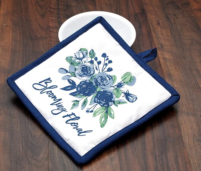 AMOUR INFINI Pot Holders Heat Resistant Cotton Set of 3 Nonslip 8"x8" Inch Hot Pads for Kitchen, BBQ, Baking & Cooking with Hanging Loops (Blooming Floral)