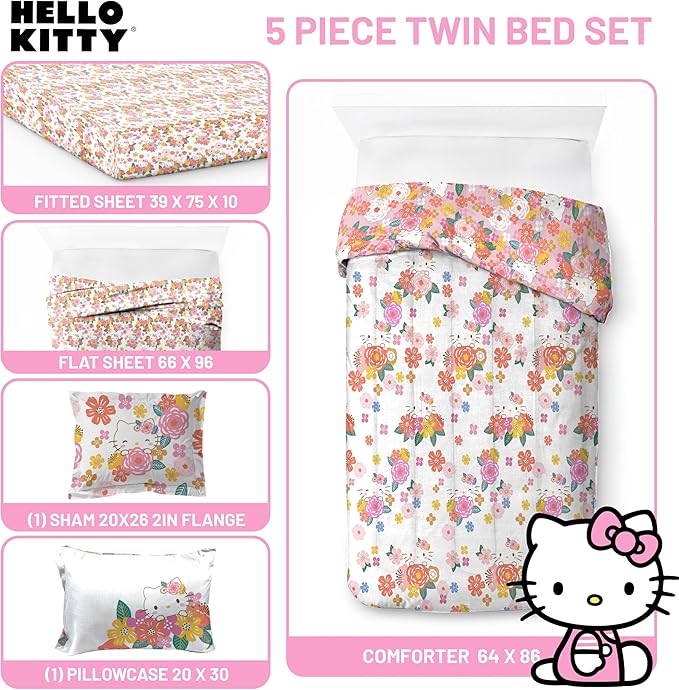 Jay Franco Hello Kitty Twin Size Comforter Set - 7 Piece Bedding Includes Sheet Set & Pillow Covers - Super Soft Floral Bedding