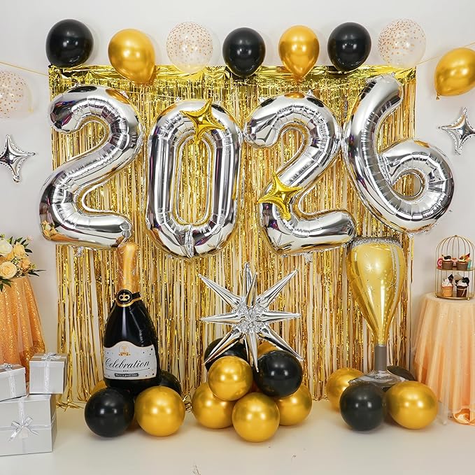 Silver 2026 Balloons, 40 Inch Number 2026 Silver Foil Balloons, Gold Silver Star Balloon Champagne Bottle Glass Balloon for Happy New Years Eve Party Supplies 2026 Class of 2026 Graduation Decorations