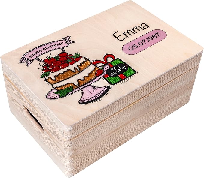 Creative Deco Personalized Wooden Storage Box Birthday Cake | 11.8x7.87x5.51in (+-0.5) | Multiple Choice | Hinged Lid Handles & Engraving | Birthday Gift Box | Rough UNSANDED Keepsake Memory Souvenir