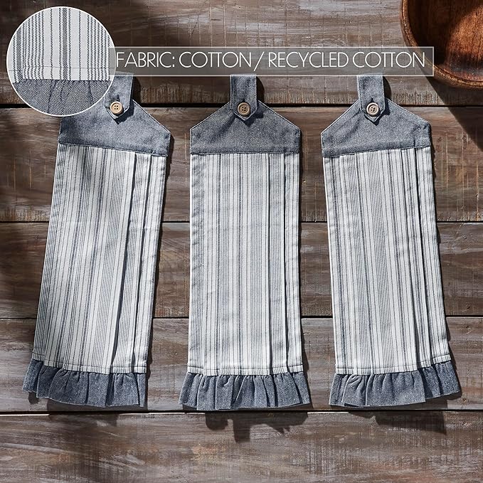 VHC Brands Cotton Sawyer Mill Blue Ticking Stripe Button Loop Kitchen Towel Set of 3, 21x7 Inches, Blue