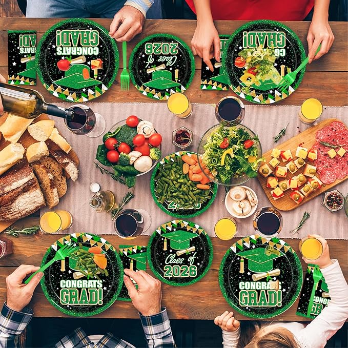 Kepeel 200Pcs 2026 Graduation Party Tableware Set, Green Gold Class of 2026 Party Decorations Supplies for Boys Girls Congratulate Graduation Disposable Paper Napkins Forks Favors, Serve 50