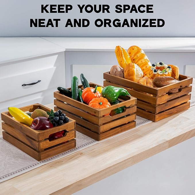 VICTORY RELAX Nesting Wood Storage Crates (Set of 3) - Natural Acacia Wood Stackable Wooden Boxes for Storage & Organization - Decorative Wooden Basket Set for Fruits, Shelving & Home Decor
