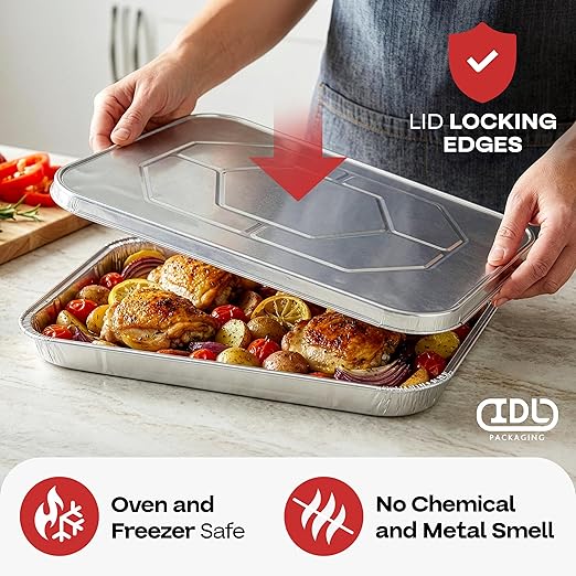 IDL Packaging Aluminum Foil Lids for Full Size Aluminum Steam Table Pans - 21" x 13" (pack of 10) - Disposable Cover for Aluminum Grill Pans - Oven & Freezer Safe - Durable Top for Aluminum Foil Pan