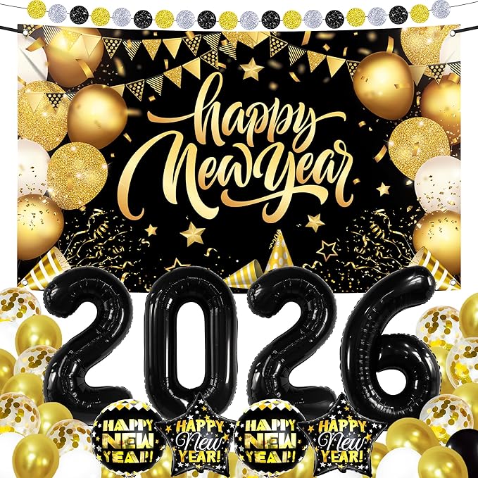 KatchOn, New Years Eve Party Supplies 2026 Set - Pack of 42 | Black and Gold New Year Banner | New Year Foil Balloons | New Years Eve Balloon Arch Kit | Nye Decorations 2026 | New Years Eve Party Kit