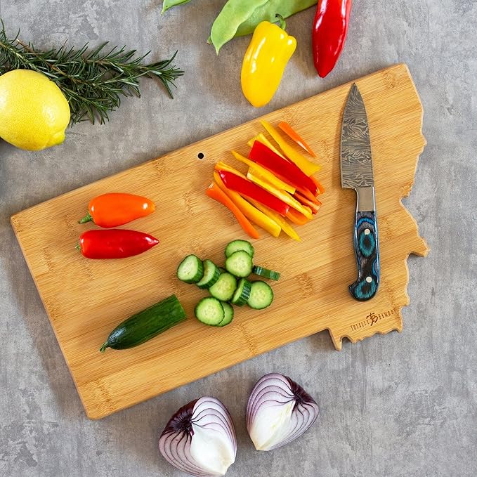 Totally Bamboo Montana State Shaped Cutting Board and Charcuterie Serving Platter with Artwork by Fish Kiss, Includes Hang Tie for Wall Display