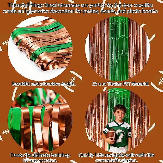 Football Party Decorations for Super Game Bowl 2026 - Green Brown Tinsel Streamers Backdrop Banner | Football Party Favors Supplies Indoor Outdoor - Game Day Birthday Party Accessories for Wall Door