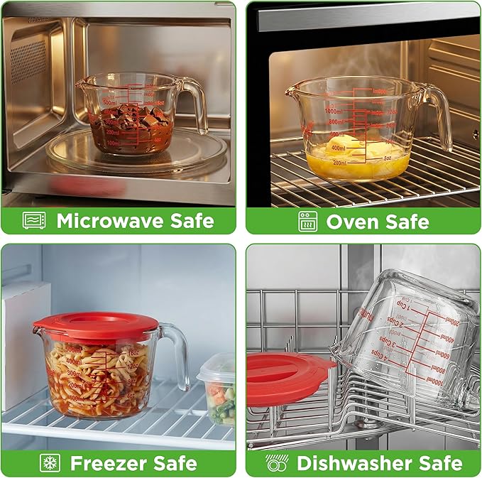 NutriChef 2 and 4 Cups Glass Measuring Cup Set with Lids (17 & 34 oz) - Heat-Resistant Borosilicate Liquid Measure Cups with Easy-Read Scale for Cooking, Baking and Food Storage, Dishwasher Safe
