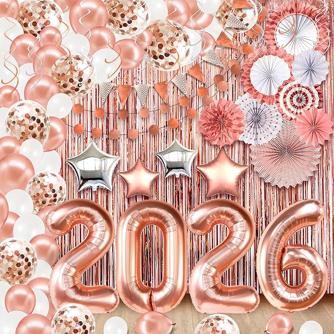 KatchOn, Rose Gold Birthday Decorations Set - Huge Pack of 145 | Rose Gold Fringe Backdrop, Balloons, Garland for Birthday Decorations, Graduation Decorations 2026 | Graduation Eve Party Supplies