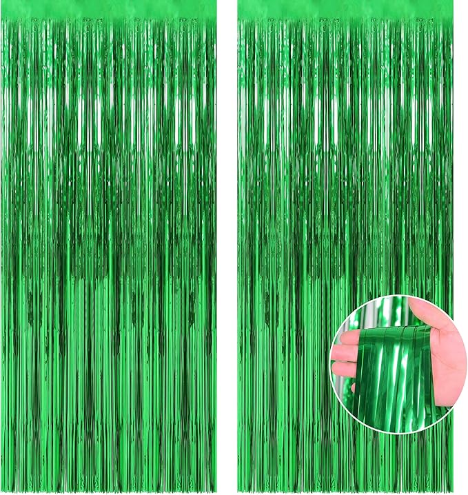 Green Tinsel Backdrop Curtains - 2 Pack Foil Fringe Streamers Photo Backdrop for 2026 World Soccer Cup Party Decorations | Soccer Football Theme Birthday Dinosaur Animal Party Wall Decor