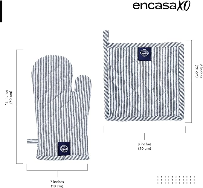 Encasa XO Heat Resistant 100% Cotton Oven Glove & Potholder Set with Loop, Kitchen Cooking Mittens, Microwave Safe Hot Pads (Ticking Navy Blue)