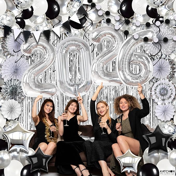 KatchOn, Huge New Years Eve Party Supplies 2026 - Huge Pack of 154 | Silver Fringe Backdrop | 2026 Balloons | Star Balloons For New Years Decorations 2026| NYE Decorations 2026 | New Year Party Decor