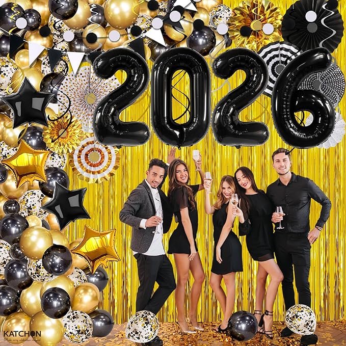 KatchOn, Happy New Years Decorations 2026 Black and Gold Set - Big Pack of 115 | Happy New Year Balloon Arch Kit | Black 2026 Balloons, Fringe Backdrop | New Years Eve Party Supplies 2026