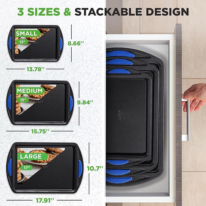NutriChef 3-Piece Nonstick Cookie Sheets for Baking – Carbon Steel Stackable Bakeware Set w/ Silicone Handles - Non Toxic Baking Pan - Durable & Wrap Resistance, Oven Safe - Easy cleanup