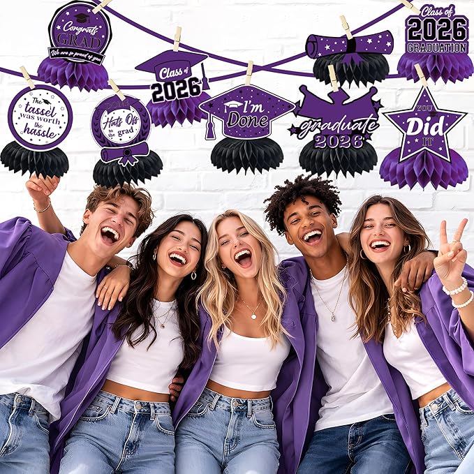 Graduation Decorations 2026 - Purple Graduation Honeycomb for Table Centerpiece | Graduation Party Decorations Class of 2026,Table Toppers for Graduation Party Favors Supplies Indoor Outdoor