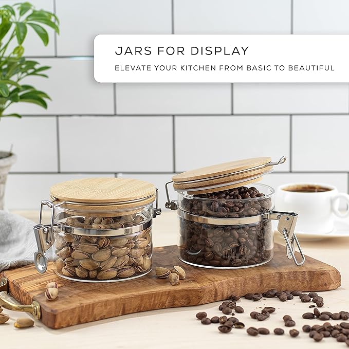 JoyJolt Glass Jars With Bamboo Lids (12 fl oz). 2PC Set of Airtight Storage Jars with Clamp Lids for Pantry Food Storage. Air Tight Sealable Glass Canisters Containers for Kitchen Organization