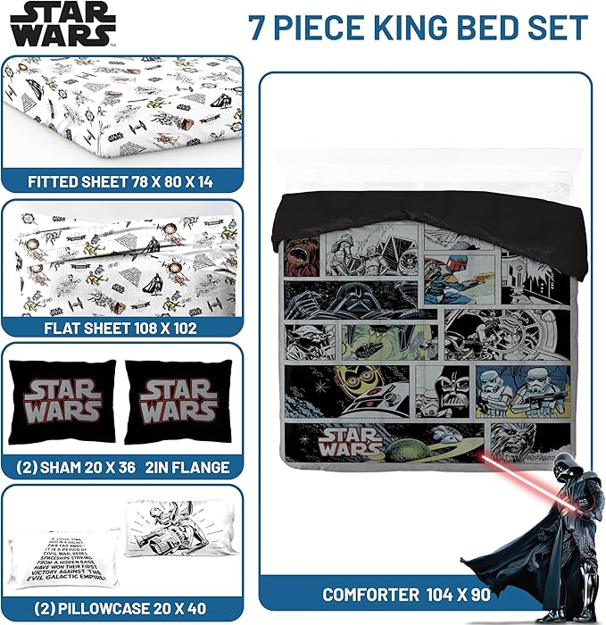 Star Wars Comic Book King Size Comforter Set - 7 Piece Bedding Includes Sheet Set & Pillow Covers - Super Soft Cozy Kids Bedding