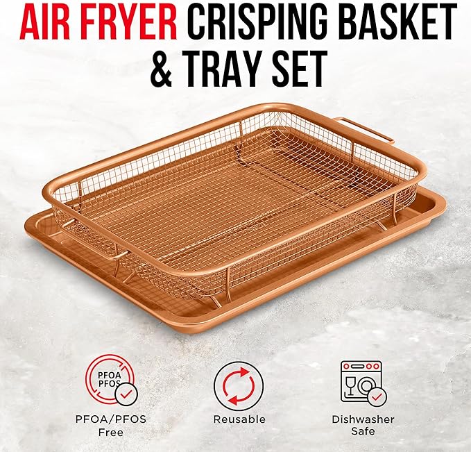 Bakken Swiss Air Fryer Tray Basket w/Elevated Mesh Great For Oven, For Baking & Crispy Foods, Dishwasher Safe,PTFE/PFOA/PFOS FREE Extra-large 9.5/''x13/'',Copper