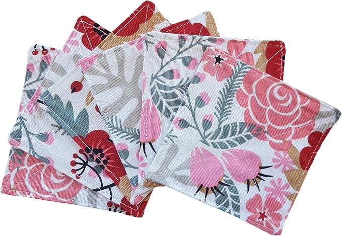 2 Layers Coasters Saucers Canvas Floral Botanical Fabric 4", 6 Pack - Sweet Exotic Flower