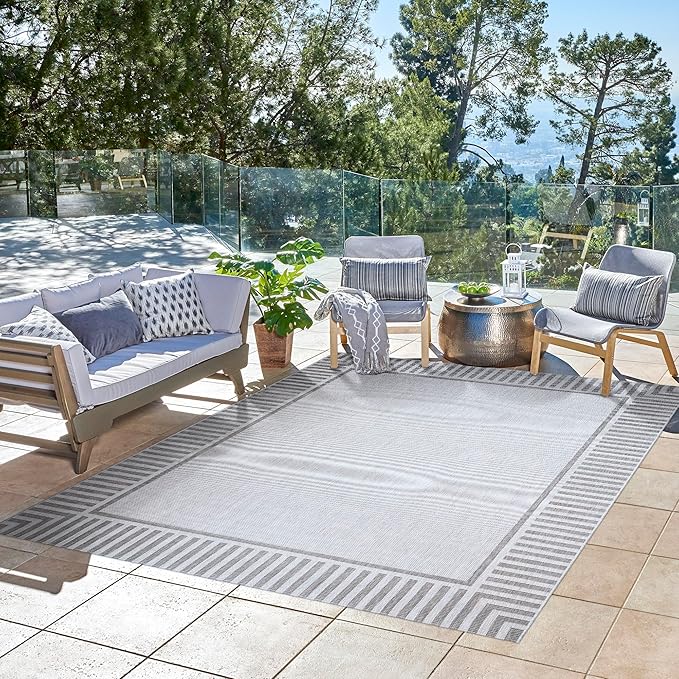 Gertmenian Indoor/Outdoor Flatweave Area Rug - 8x10 Large, Stain & UV Resistant, Ideal for Deck, Patio, Poolside, Mudroom - Klano Striped Ash, Steel, 25429