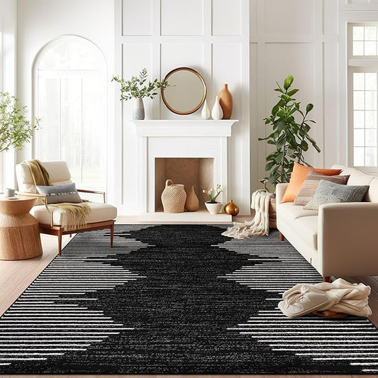 Rugshop Bohemian Stripe Stain Resistant Carpet High Traffic Living Room Kitchen Bedroom Dining Room Large Areas Basement Open Spaces Area Rug 8' x 10' Black