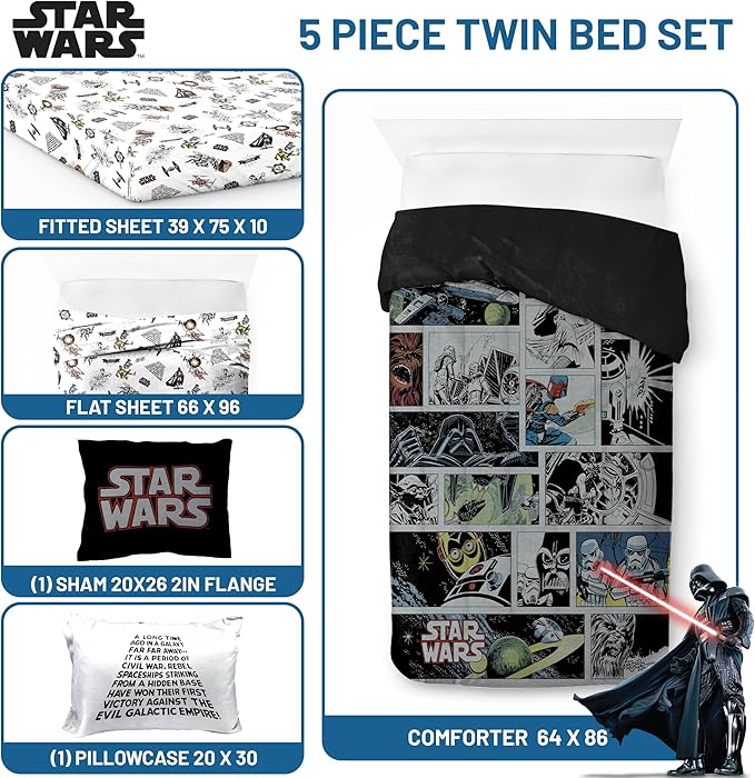 Jay Franco Star Wars Comic Book Twin Size Comforter Set - 5 Piece Bedding Includes Sheet Set & Pillow Covers - Super Soft Cozy Kids Bedding