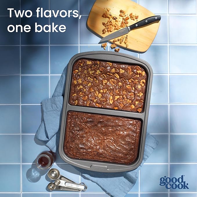 GoodCook Everyday Divided Baking Pan 1.5-Inch Deep 2-Section Non-Stick Scratch-Resistant Carbon Steel Construction for Meal Prepping & Sheet Pan Dinners, 11x15-Inch, Gray