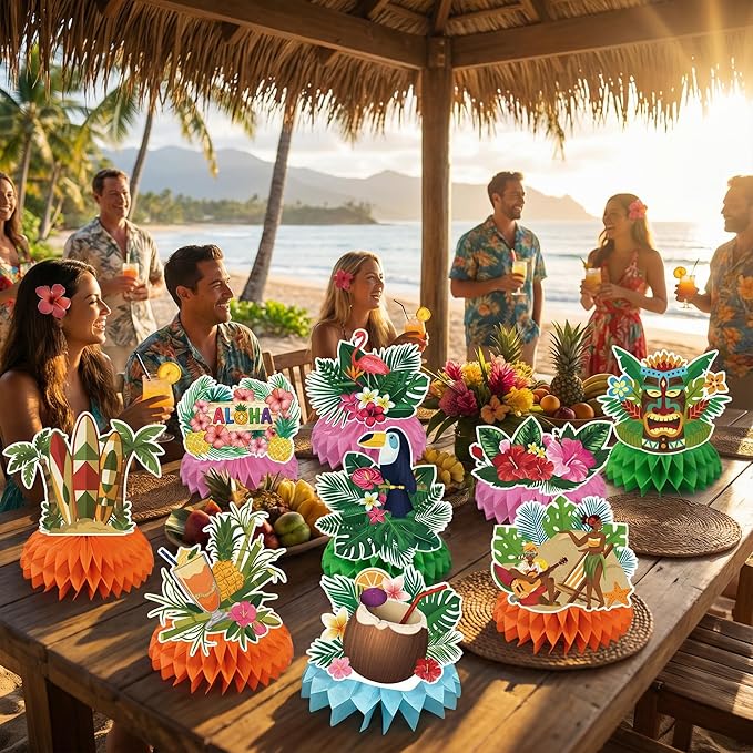 Luau Party Decorations - 9 PCS Hawaiian Honeycomb Table Centerpiece for Tiki and Luau Hawaiian Party Favors Supplies | Tropical Party Decorations for Summer Beach Pool Birthday Wedding