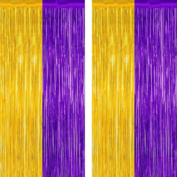 2 Pack Graduation Backdrop, 3.28 FT x 7.05 FT Grad Party Decorations 2026, Purple Gold Backdrop Foil Fringe Curtains, Metallic Purple and Gold Graduation Decorations Class of 2026 Decor