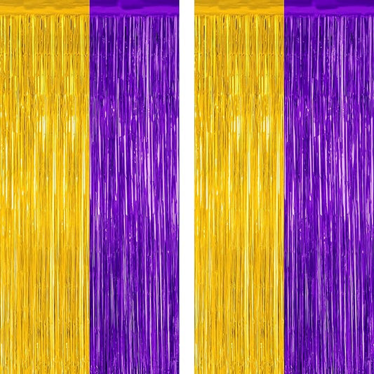 2 Pack Graduation Backdrop, 3.28 FT x 7.05 FT Grad Party Decorations 2026, Purple Gold Backdrop Foil Fringe Curtains, Metallic Purple and Gold Graduation Decorations Class of 2026 Decor