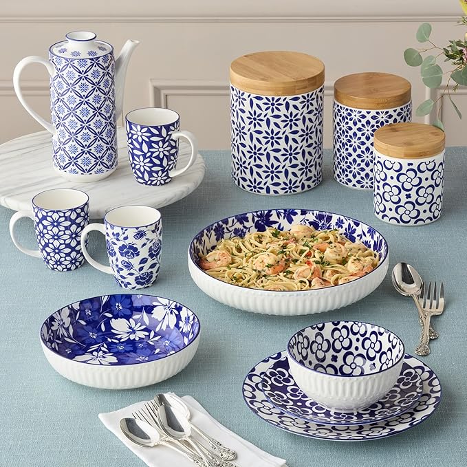 Madison 6-Piece Espresso Cup & Saucer Set, 3.25 oz Porcelain Cups with 4.75-Inch Saucers, Intricate Blue & White Patterns, Durable & Dishwasher Safe, Perfect for Espresso & Giftable Elegance