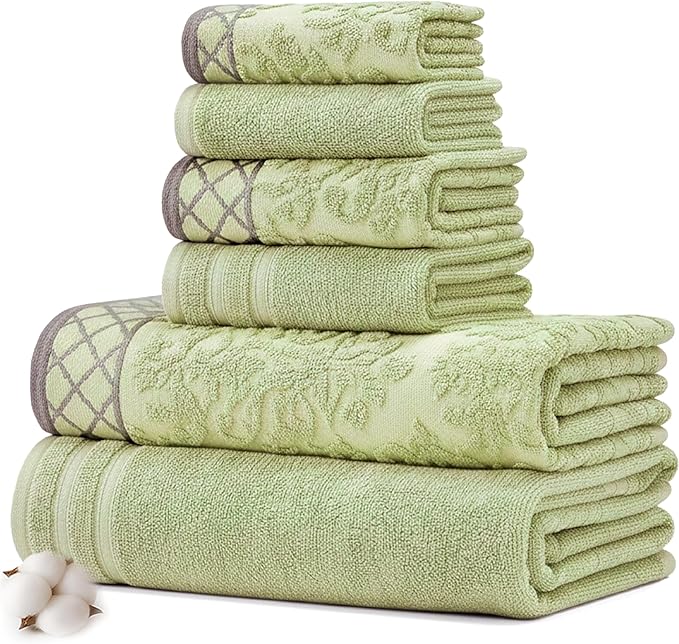 Modern Threads 6 Piece Cotton Bath Towel Set – Ultra Soft 550 GSM Towels – Bathroom Set with Hand Towels and Washcloths – Diamond Border (Soft Olive)