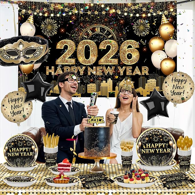 KatchOn, Huge New Years Eve Party Supplies 2026 - Pack of 231 | Wall Banner, Plates, Napkins, Tablecloth, Hats, Table Cover & Balloons For Happy New Year Decorations | New Years Eve Decorations 2026