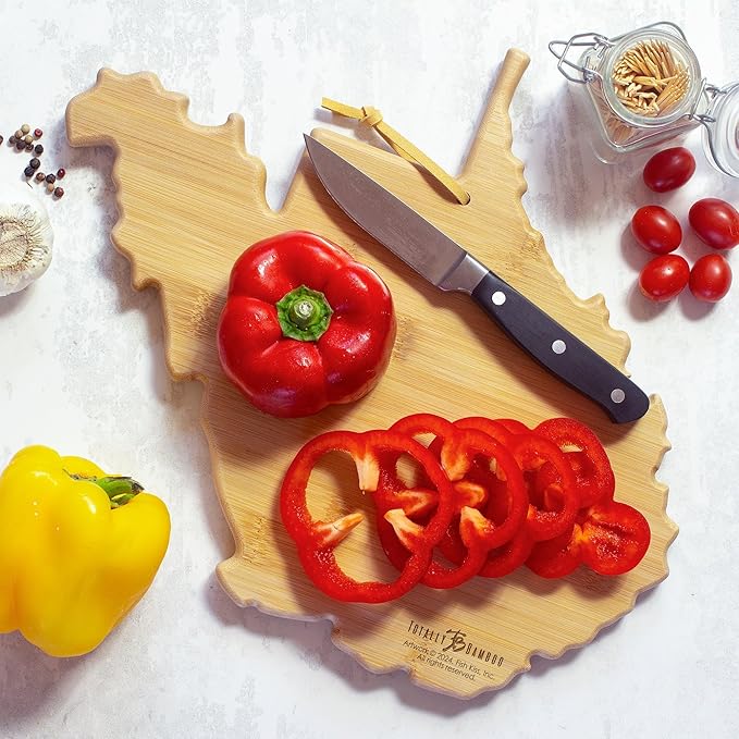 Totally Bamboo West Virginia State Shaped Cutting Board and Charcuterie Serving Platter with Artwork by Fish Kiss, Includes Hang Tie for Wall Display