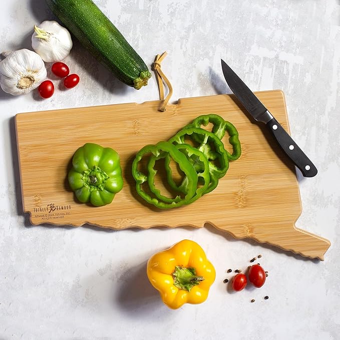 Totally Bamboo Connecticut State Shaped Cutting Board and Charcuterie Serving Platter with Artwork by Fish Kiss, Includes Hang Tie for Wall Display