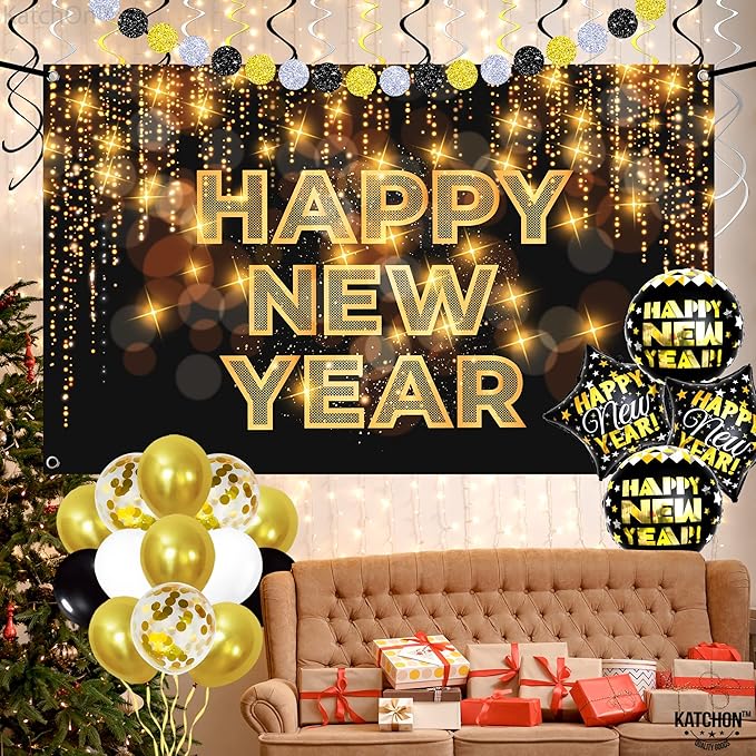 KatchOn, Black and Gold New Years Decorations 2026 - Huge Pack of 50 | New Year Banner and New Year Balloons for New Years Eve Party Supplies 2026