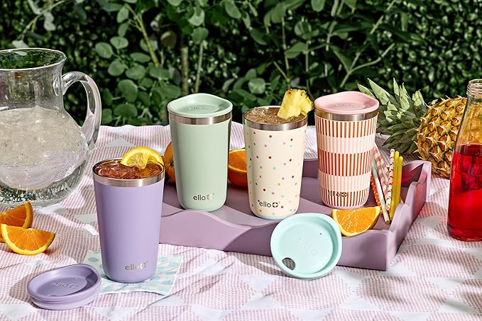 Ello 2 Pack 16oz Stainless Steel Stacking Cups with Easy Press Lids | Pint Size Reusable Tumblers for Parties, Home, Camping, Outdoor | Keeps Cold for 16 Hours, Dishwasher Safe | Soft Plum & Sage