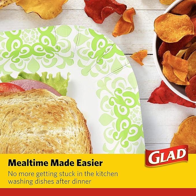 Glad Square Heavy Duty Paper Plates, Soak Proof and Cut Proof Disposable Plates for Parties and Everyday Meals, Microwaveable for Easy Serving, Green Victorian Pattern, 10 Inch, 50 Count