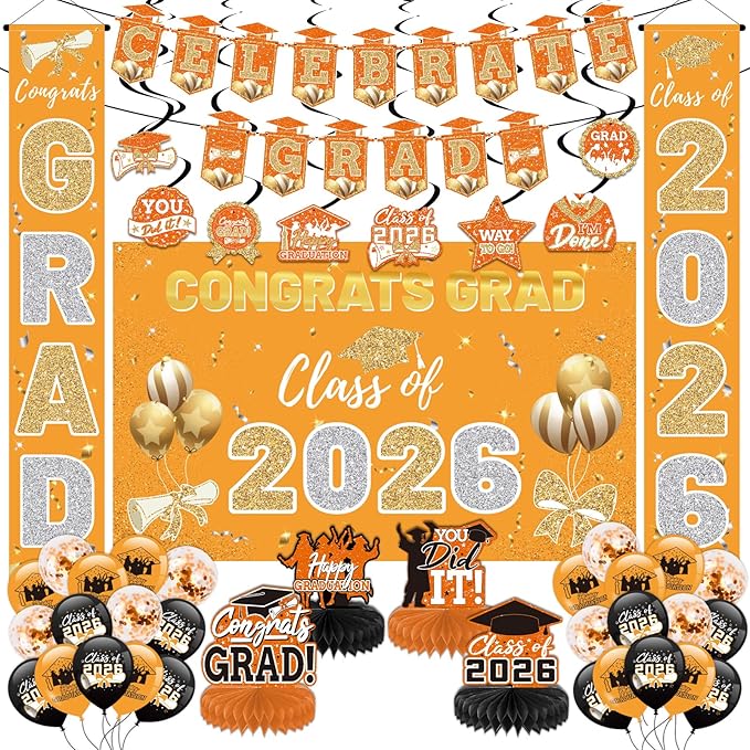 Orange 2026 Graduation Party Decor Kit-Includes Backdrop, Banner, Balloons, Hanging Ornaments & Honeycomb Decorations for Class of 2026 -Full Set for High School and University Graduation Events