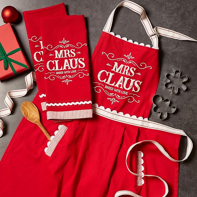 DII Christmas Kitchen Décor, Holiday Cooking & Baking Accessories Machine Washable Cotton, Apron/Dishtowel Set, Mrs. Claus Set, 3 Count