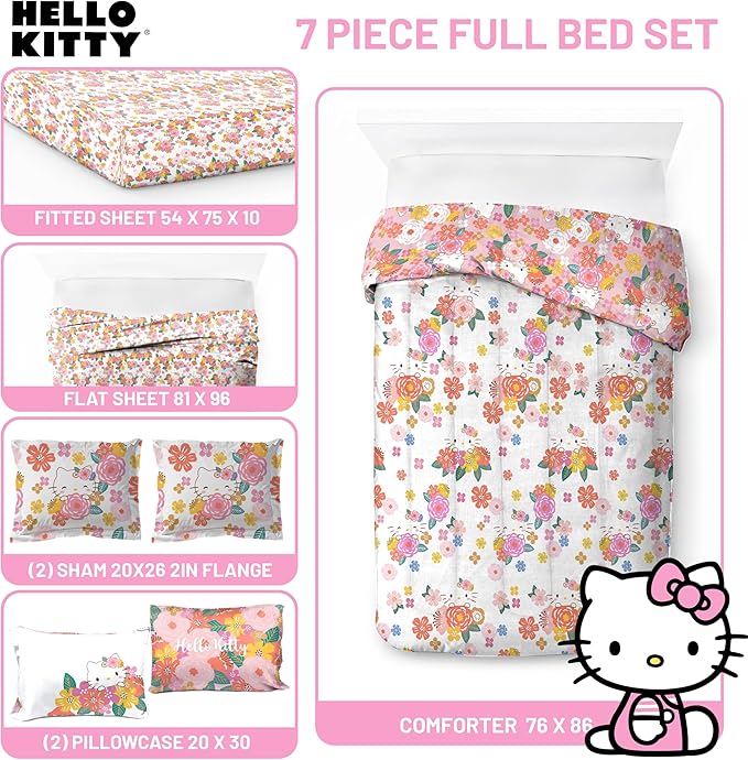 Jay Franco Hello Kitty Full Size Comforter Set - 7 Piece Bedding Includes Sheet Set & Pillow Covers - Super Soft Floral Bedding