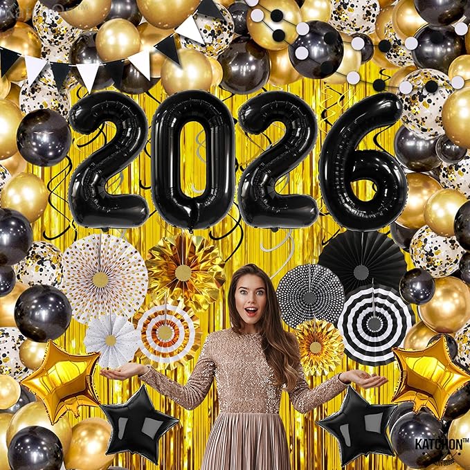 Katchon, New Years Eve Party Supplies 2026 - Huge, Pack of 115 | Happy New Year 2026 Balloons Arch Kit | Gold Fringe Backdrop Curtain, New Year Balloons | New Years Decorations 2026, Nye Decorations
